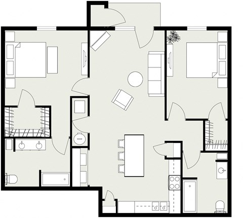Floor plan for 2 beds, 2 baths, 1086 sqft